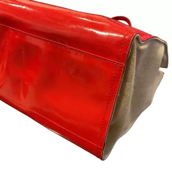 Tory Burch Ella Red Patent Leather Canvas Monogram Large Bag Tote Gold MINT - Picture 6 of 13